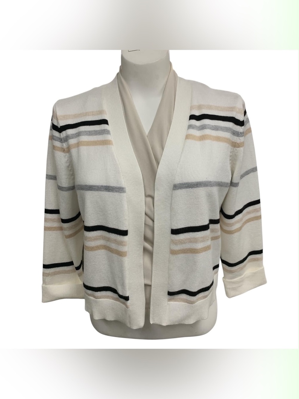 Scarlett Open-Front Striped Cardigan in Cream, Black & Gray Size S